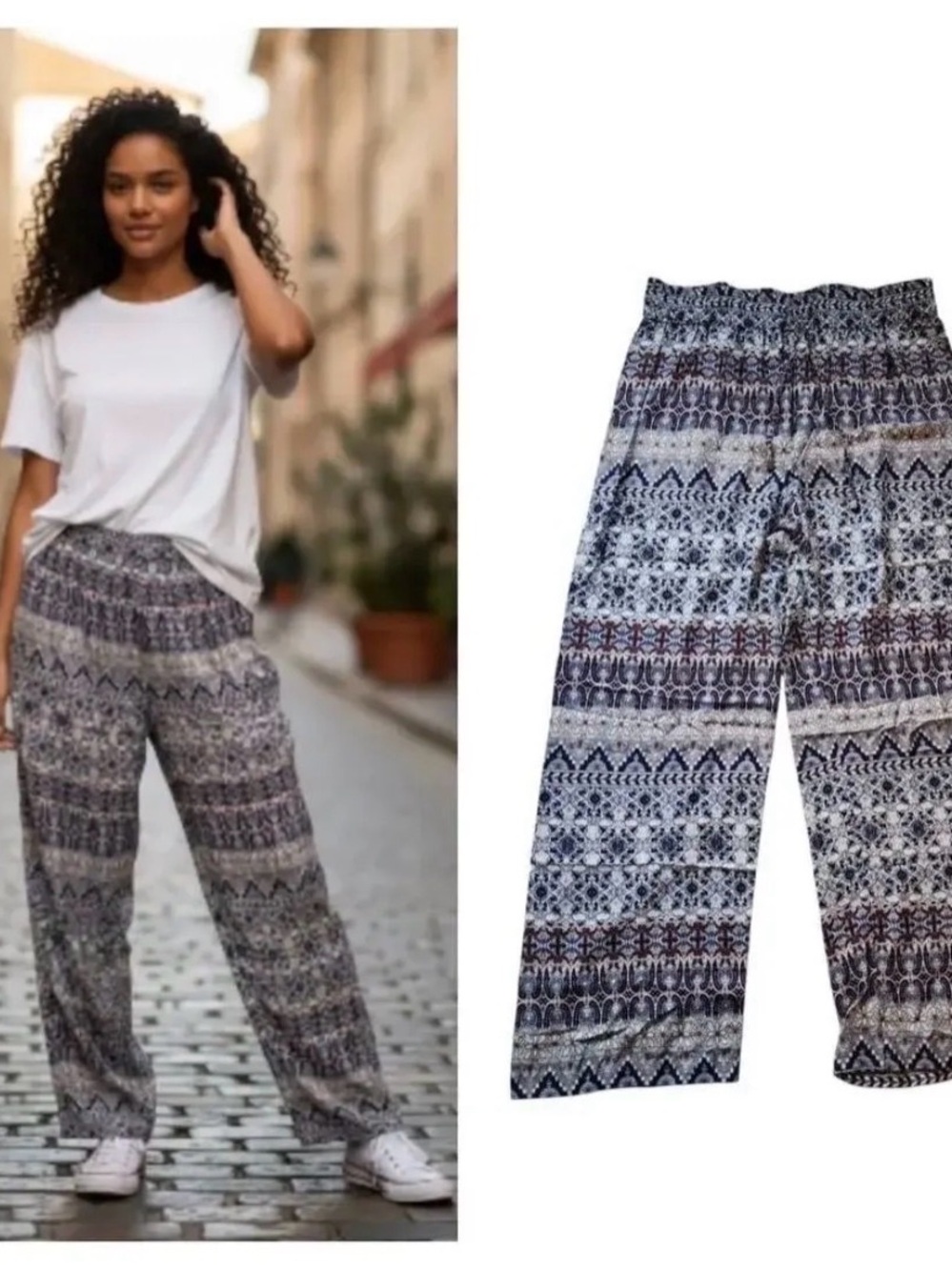 Printed Wide-Leg Comfort Pants in Blue